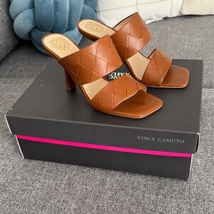 Vince Camuto Tan Woven Leather Heeled Slide Sandals